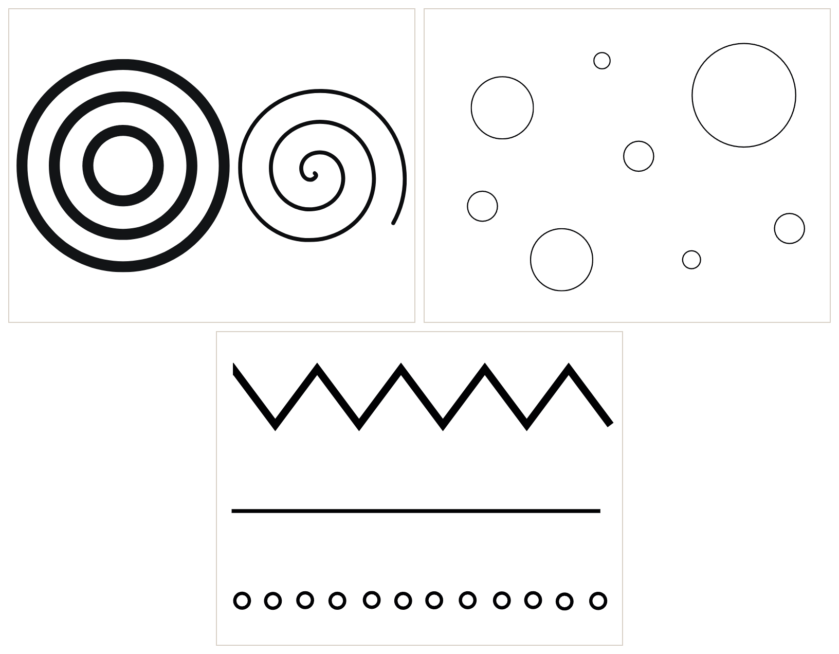Feuille d'exercice de précision : cercles concentriques et spirale, pastilles éparses, zigzag et ligne